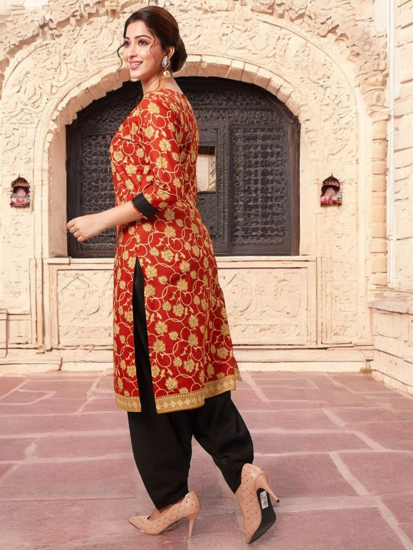 Red Kurta, Patiala & Dupatta Set | Floral Print