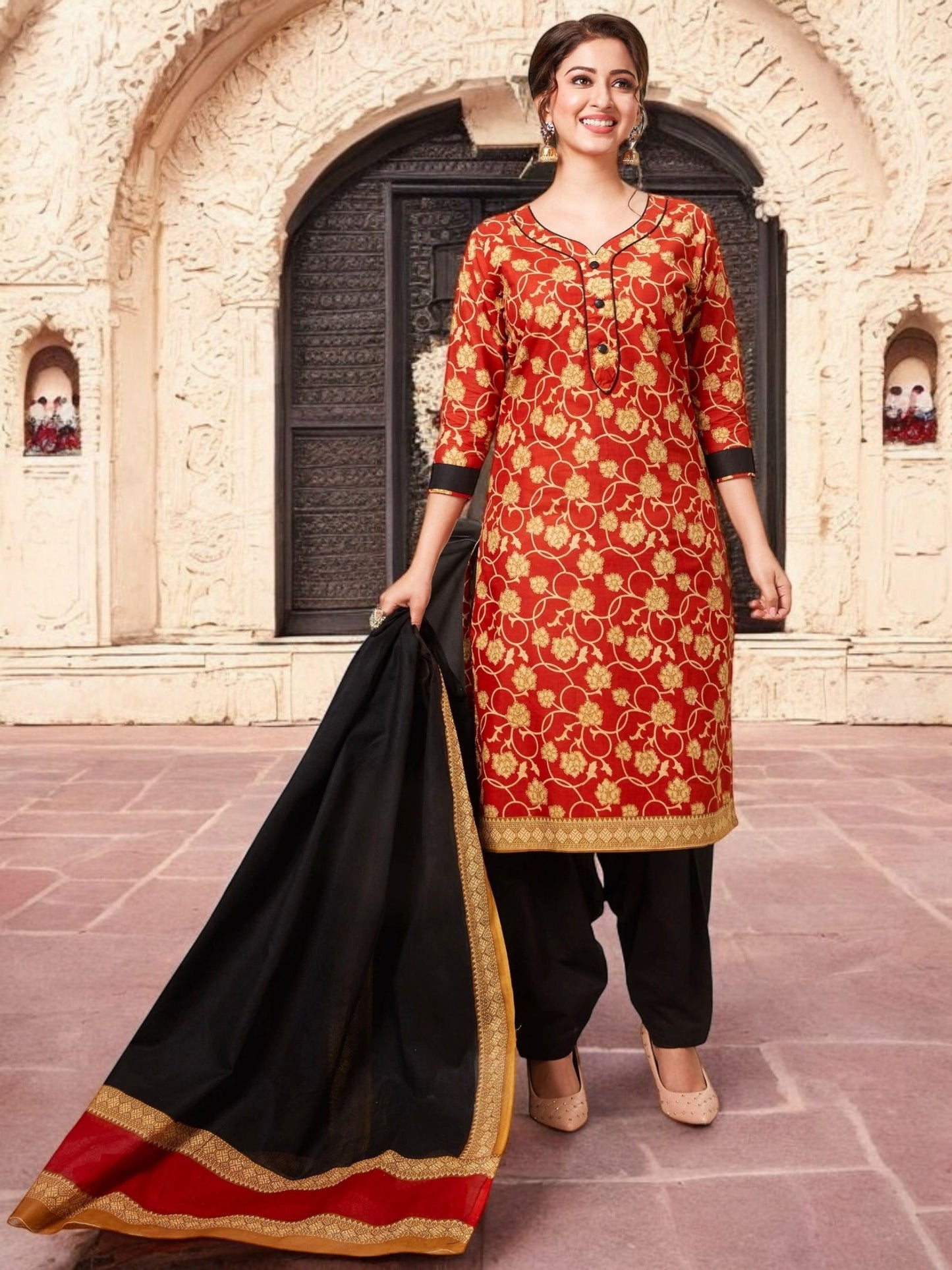 Red Kurta, Patiala & Dupatta Set | Floral Print