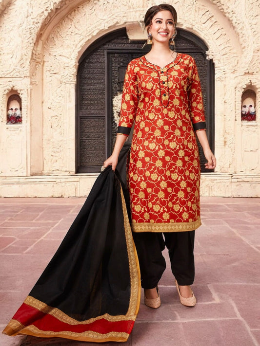 Red Kurta, Patiala & Dupatta Set | Floral Print